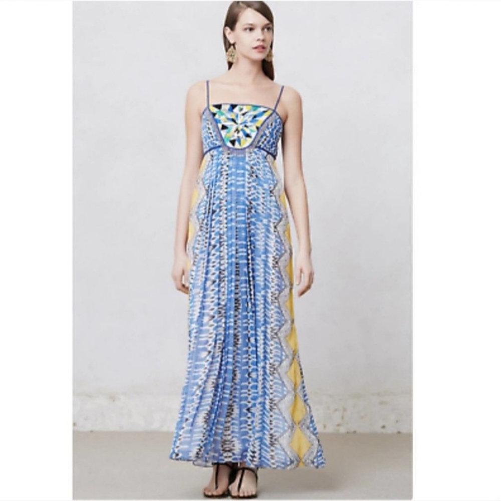 Ranna Gill Anthropologie Blue Yellow Embroidered Chiffon Lined Maxi Dress